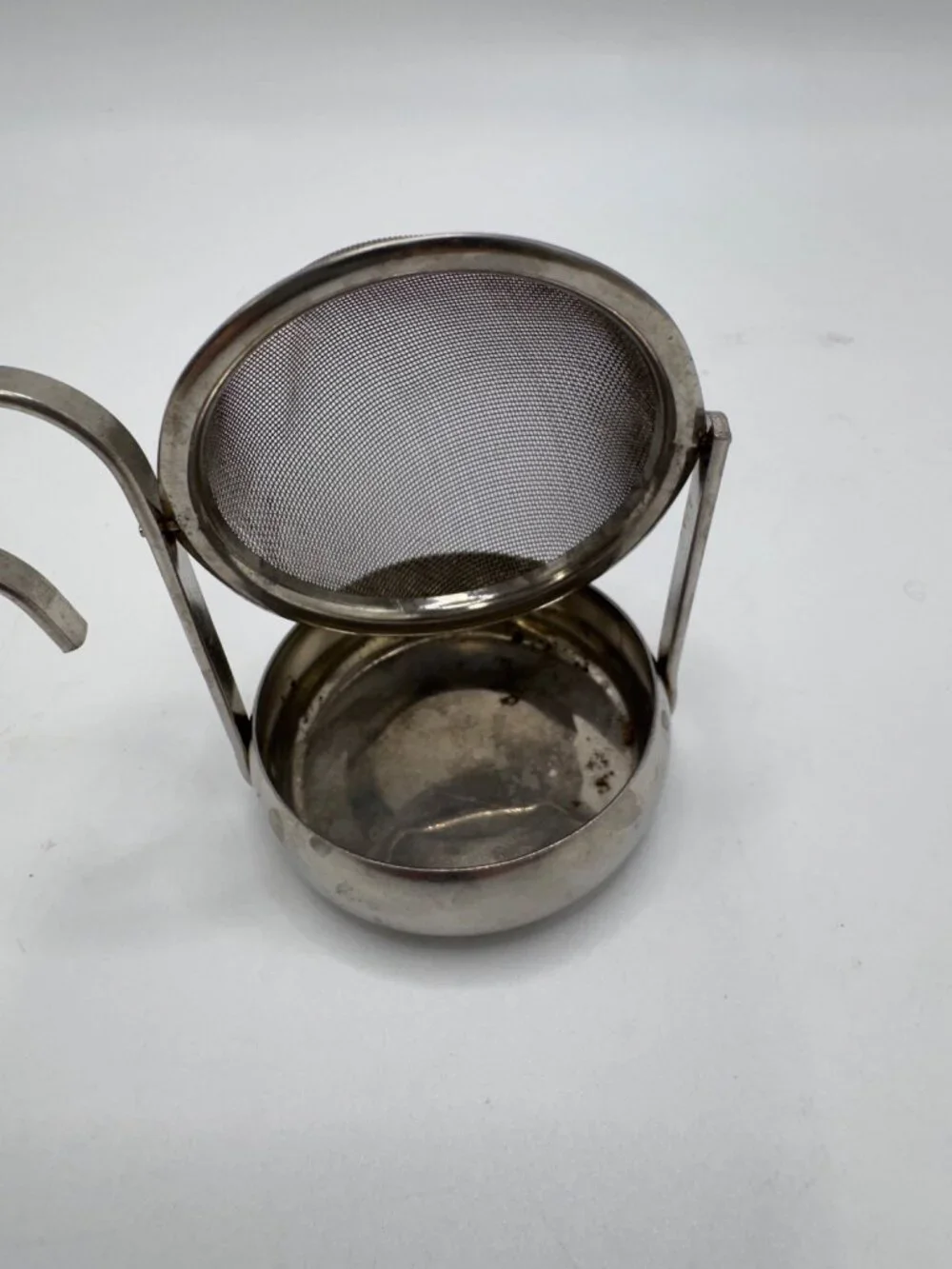 Vintage Stainless Steel Hook Tipping Tea Strainer  Drip Bowl - 3 